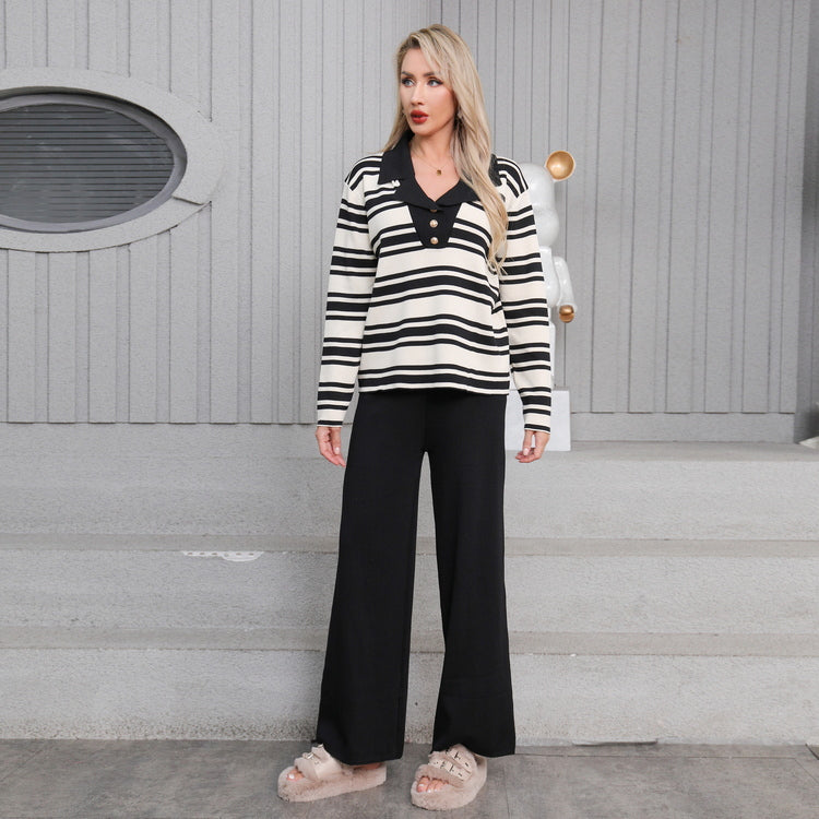 Spring Color Block Two-Piece Set Knitted Pant Sets