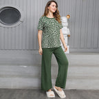 Women's Crew Neck Short-Sleeve Sweater High-Waisted Two-Piece Pant Sets