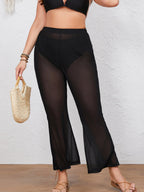 Plus Size Women Trousers Pure Black Casual Pants Loose See through Thin Mesh Bell Bottom Pants