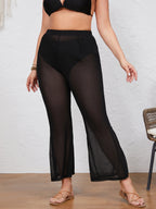 Plus Size Women Trousers Pure Black Casual Pants Loose See through Thin Mesh Bell Bottom Pants