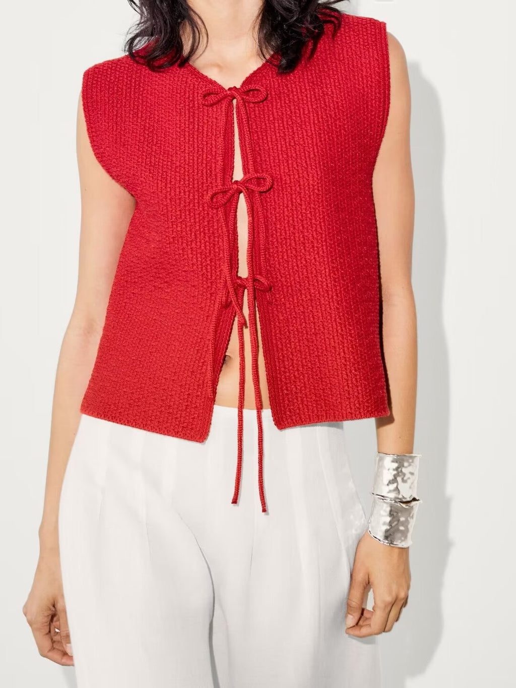 Women's Bow Small V Neck Sleeveless Knitted Vest