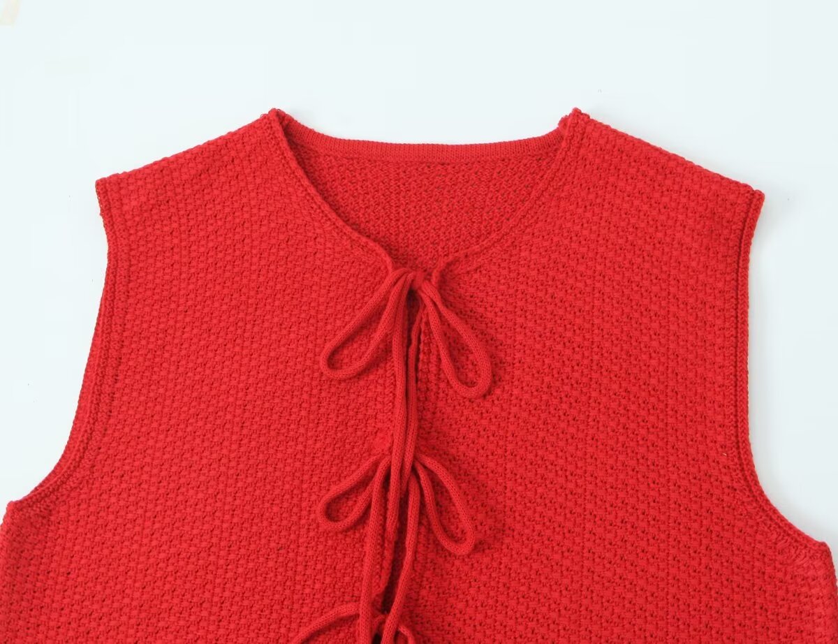 Women's Bow Small V Neck Sleeveless Knitted Vest