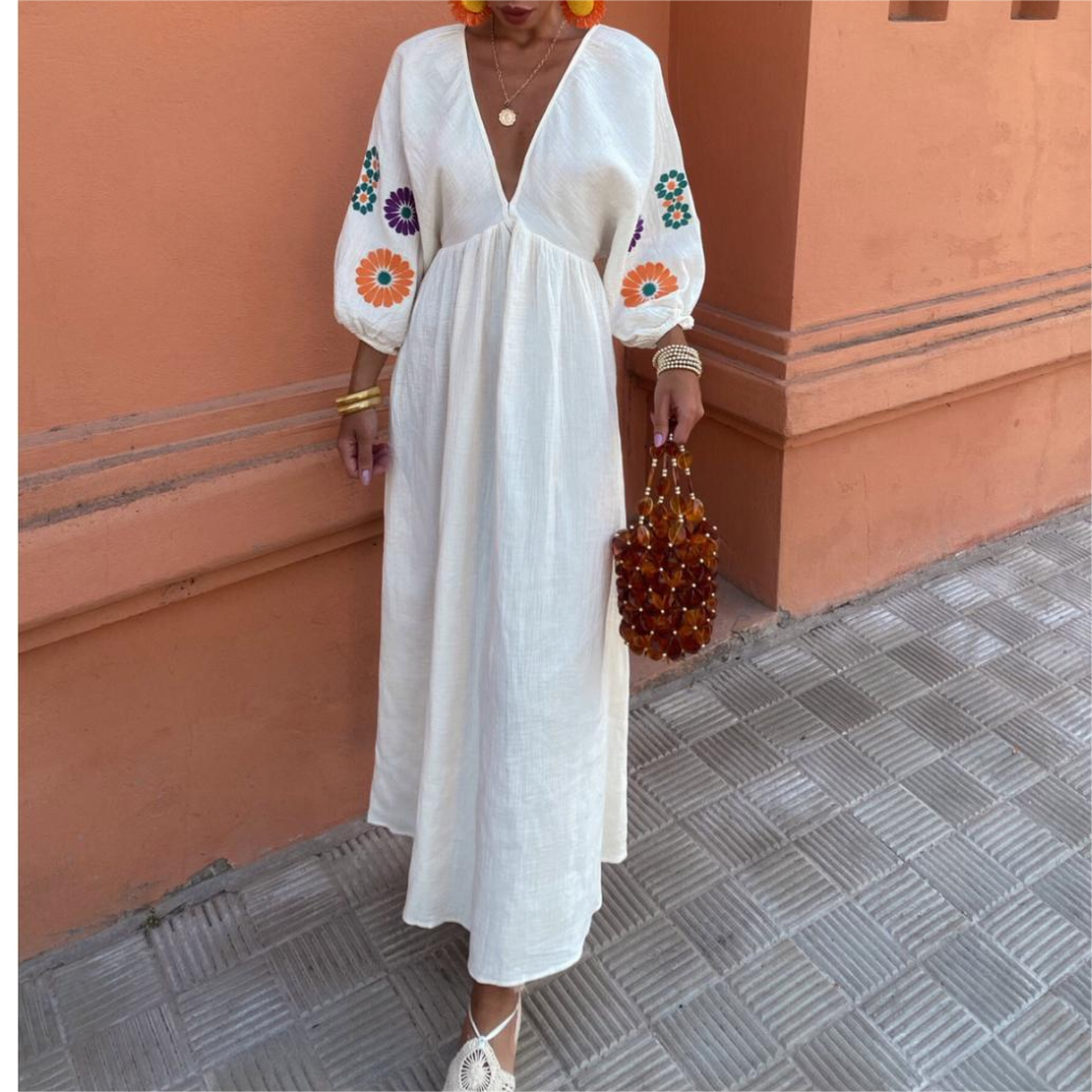 Women's Floral V-Neck Long Sleeve Backless Dress