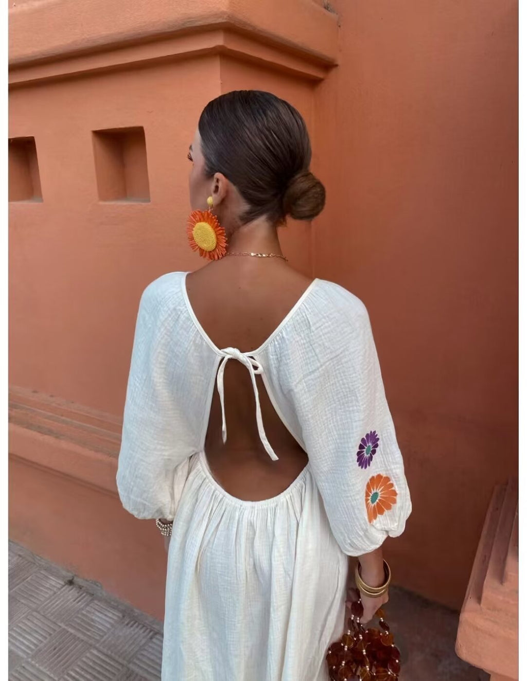 Women's Floral V-Neck Long Sleeve Backless Dress