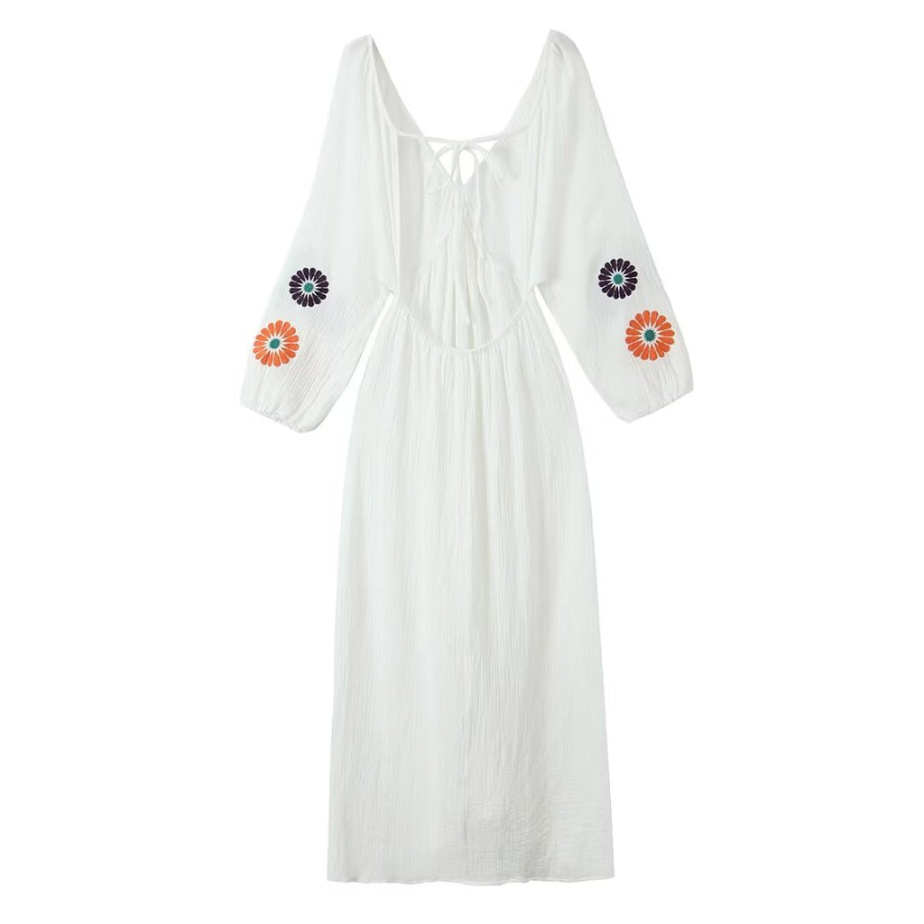 Women's Floral V-Neck Long Sleeve Backless Dress