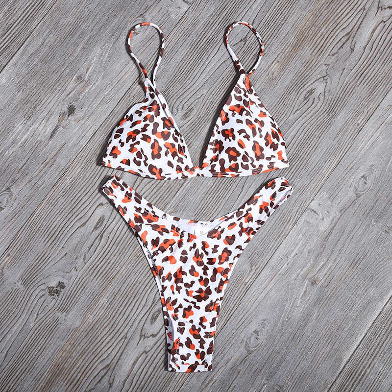 Leopard print bikini set: V-neck triangle top and Brazilian thong-style bottoms