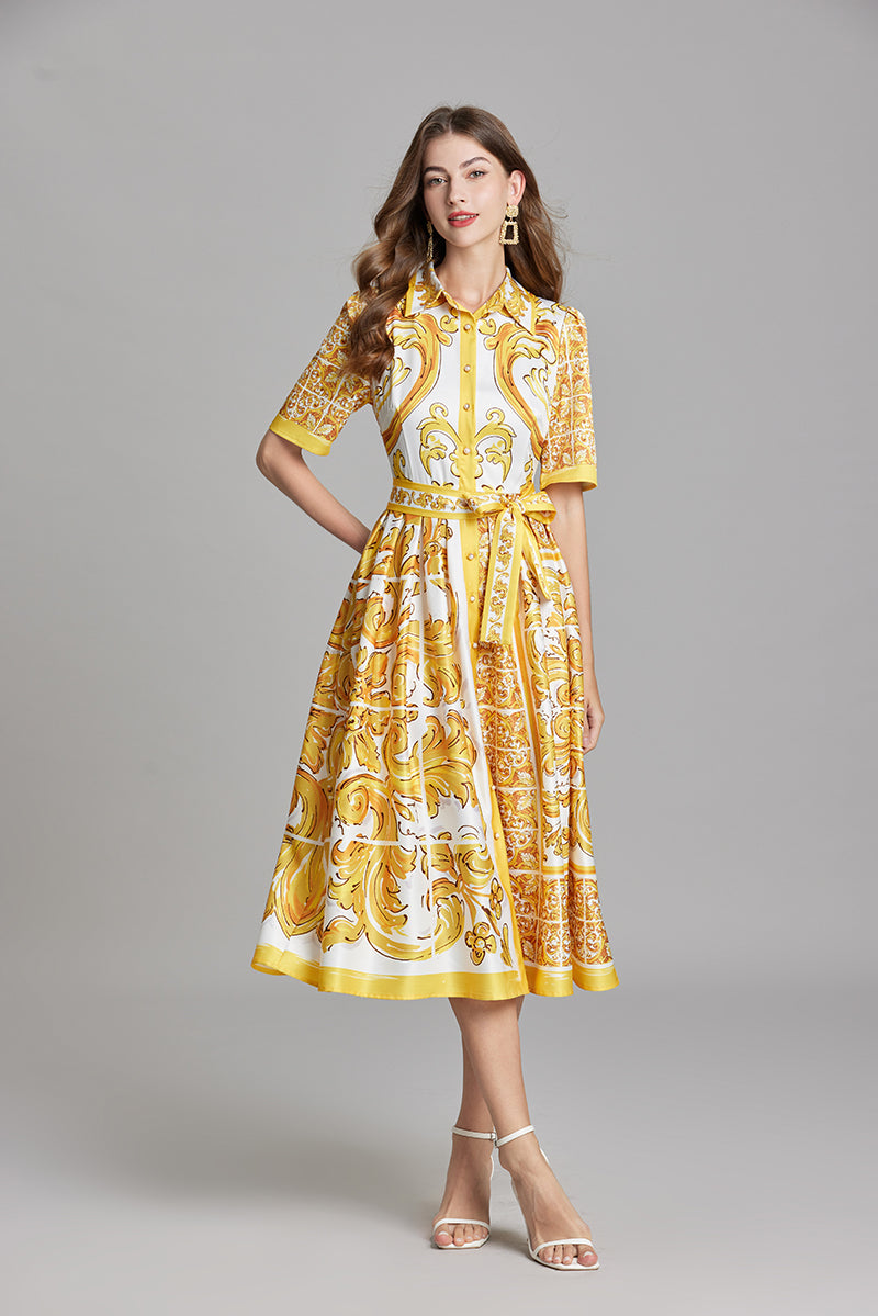 Women's Printed Belted A-Line Dress