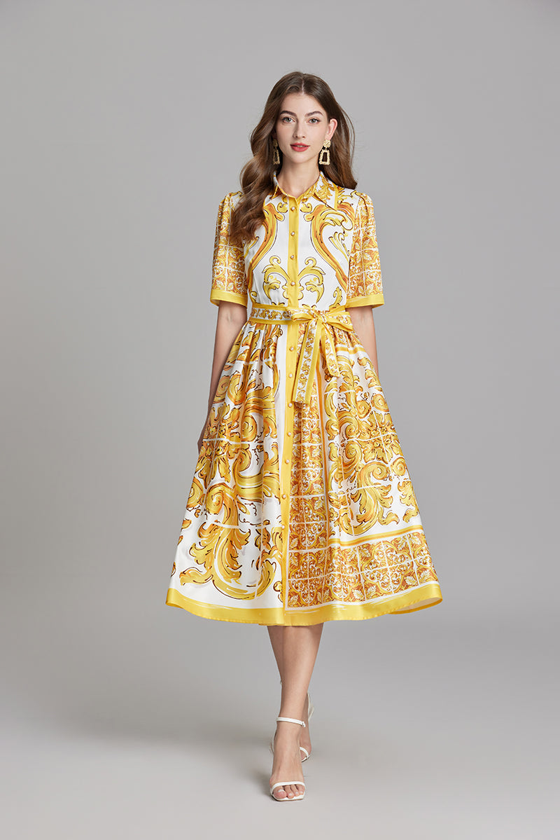Women's Printed Belted A-Line Dress