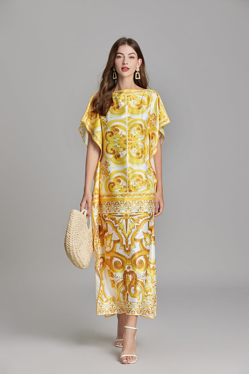 Women's 's Printed Short-Sleeve A-Line Maxi Dress