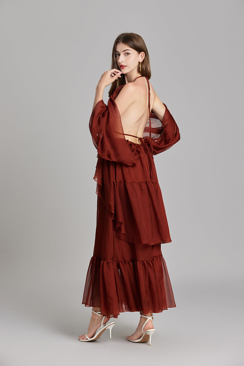 Women's 's Backless Long-Sleeve A-Line Maxi Dress