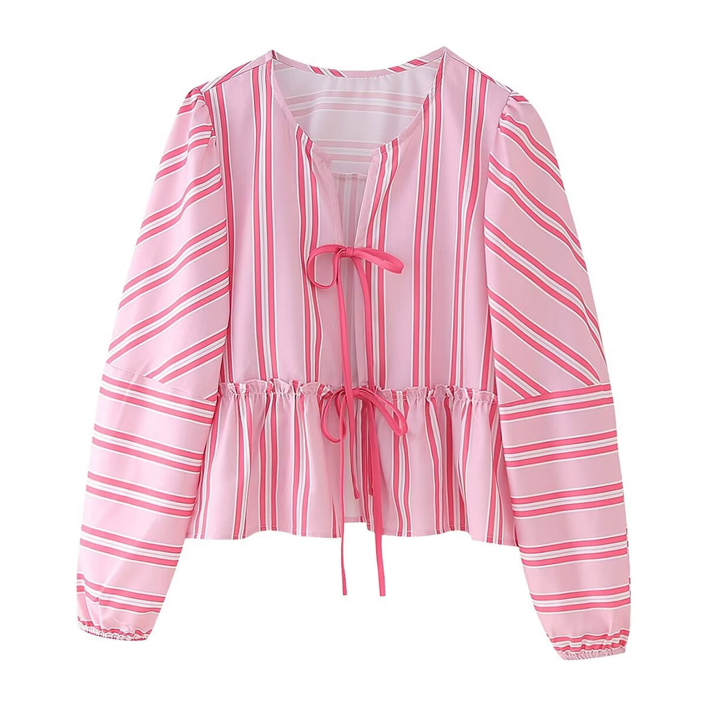Lace Up Long-Sleeve Loose Shirt High-Waisted Casual Shorts Set