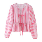 Lace Up Long-Sleeve Loose Shirt High-Waisted Casual Shorts Set