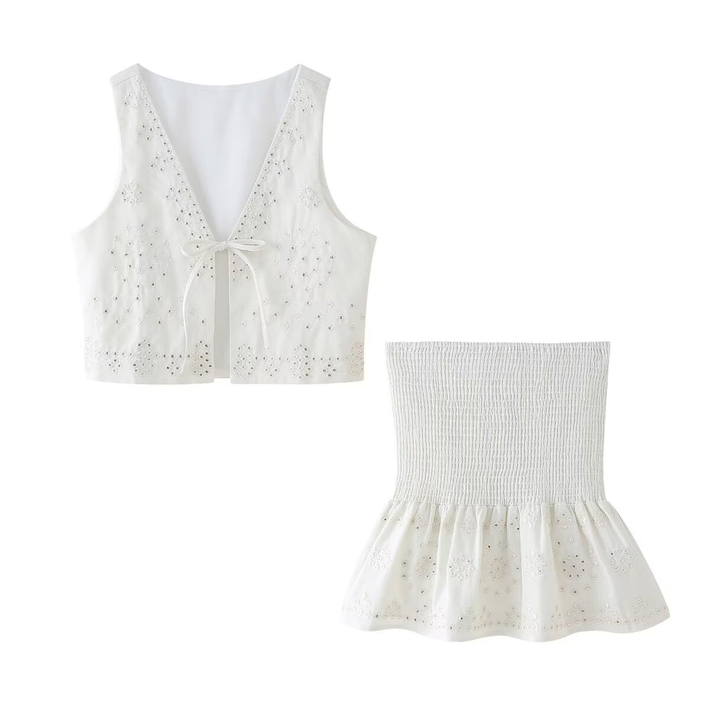 Women's Sequ Embroidered Loose High Vest and Skirt Two-Piece Set