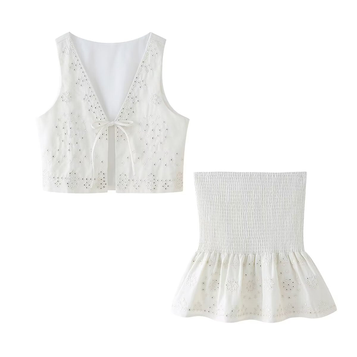 Women's Sequ Embroidered Loose High Vest and Skirt Two-Piece Set