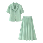 Women's Pleated High-Waisted Short-Sleeve Top and Skirt Two-Piece Set