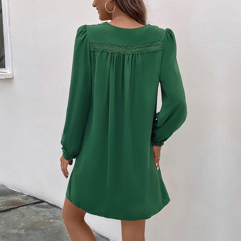 Patchwork Dress Autumn Women's V-Neck Pleating Long Sleeve Dress