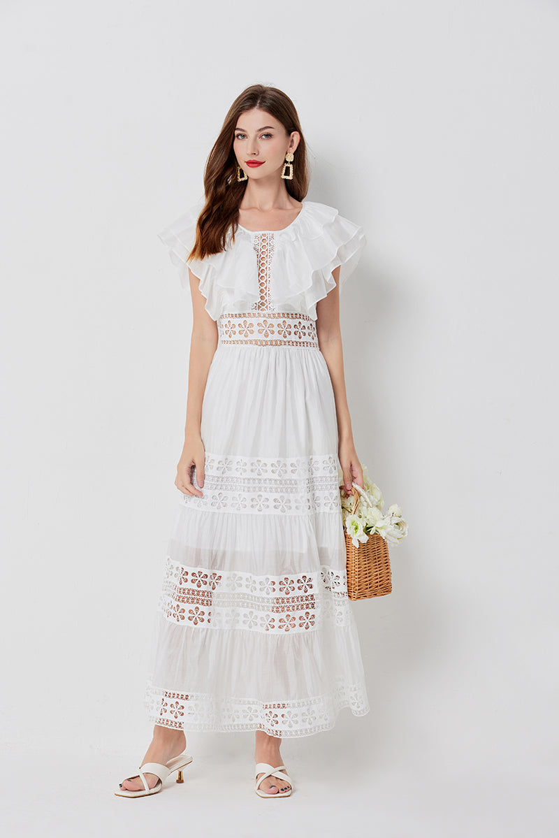 Lace Ruffle Sleeveless A-Line Maxi Dress