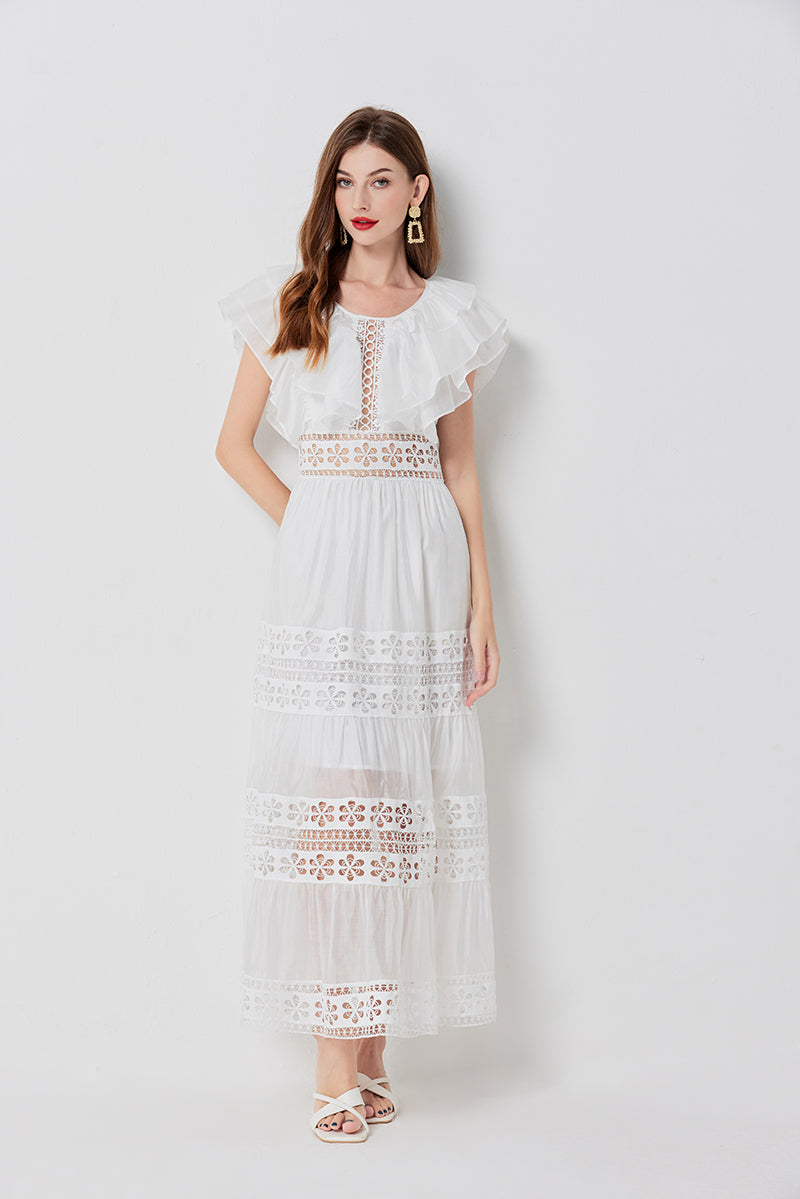 Lace Ruffle Sleeveless A-Line Maxi Dress