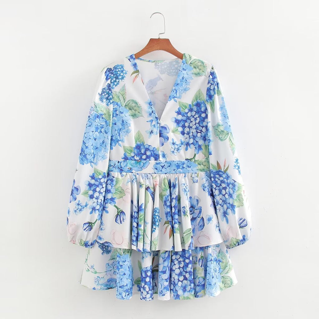 Printed Long Sleeve Short Dress Summer V-Neck Slim Fit Ruffled