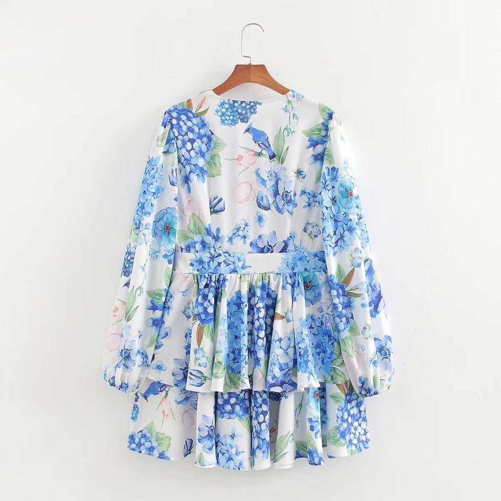 Printed Long Sleeve Short Dress Summer V-Neck Slim Fit Ruffled