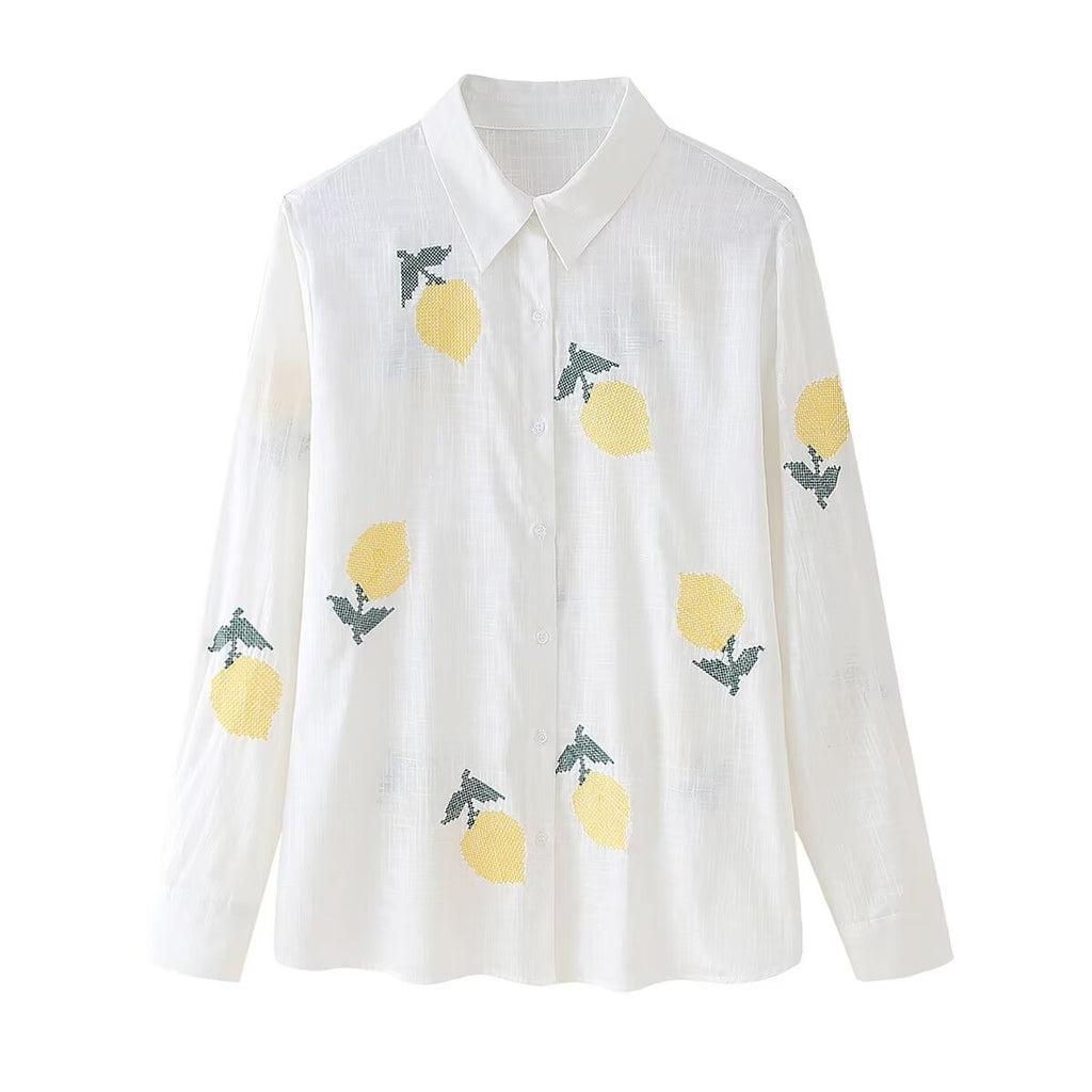 Women's Embroidered Button-Front Collared Shirt