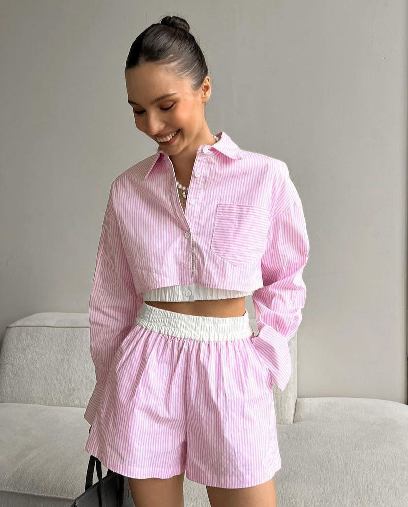 Women's Striped Shirt Long Sleeve Ladies Two Piece Set Casual Elastic