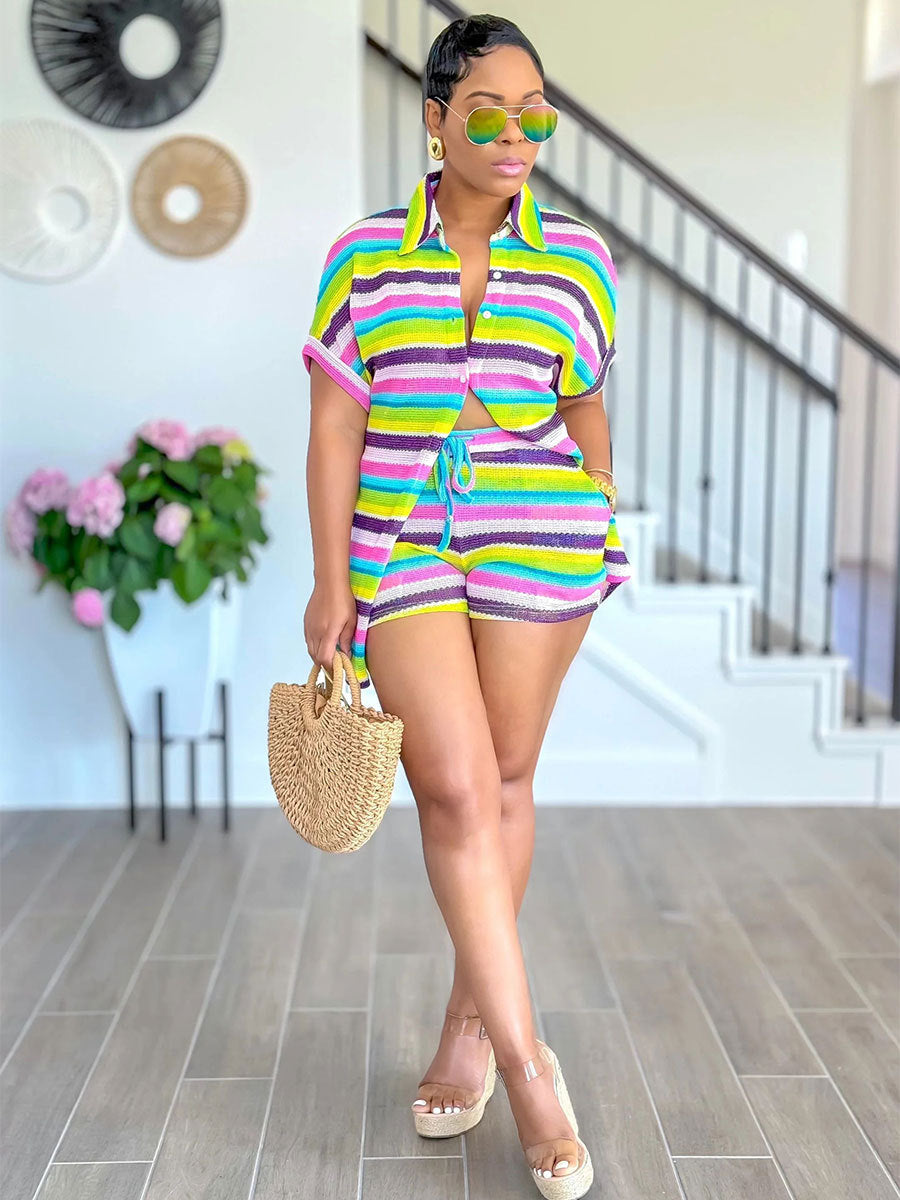 Women's Summer Women's Striped Two Piece Casual Shorts Suit