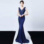 Women's Wedding Handmade Applique Beaded Toast Bride Long Dinner Slim Dress