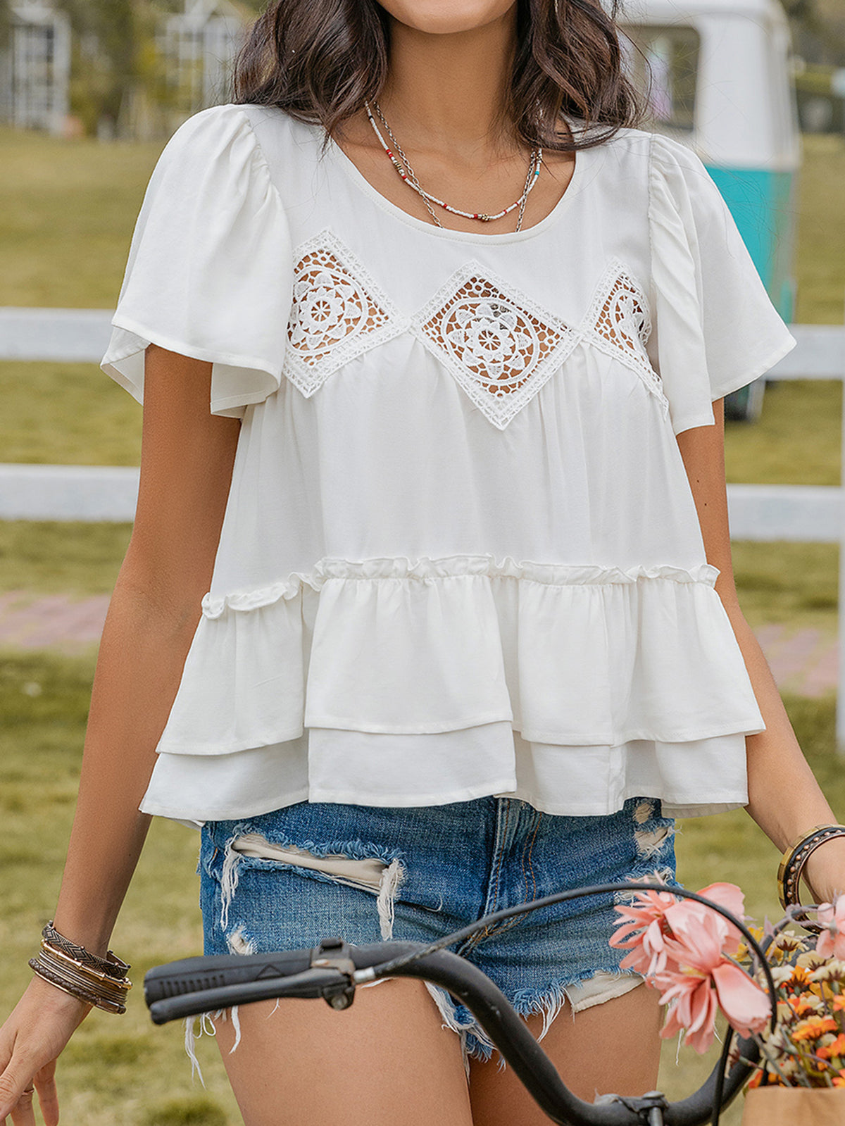 Women’s White Embroidered Ruffle Short Top