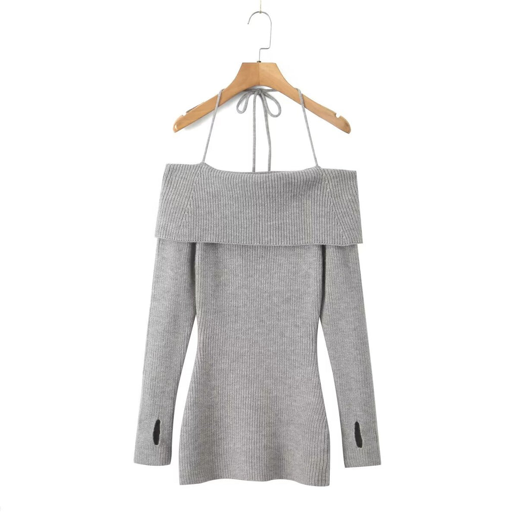 Women's Knit Halter Long Sleeve Sweater Mini Dress