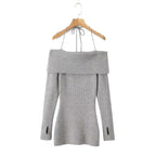 Women's Knit Halter Long Sleeve Sweater Mini Dress