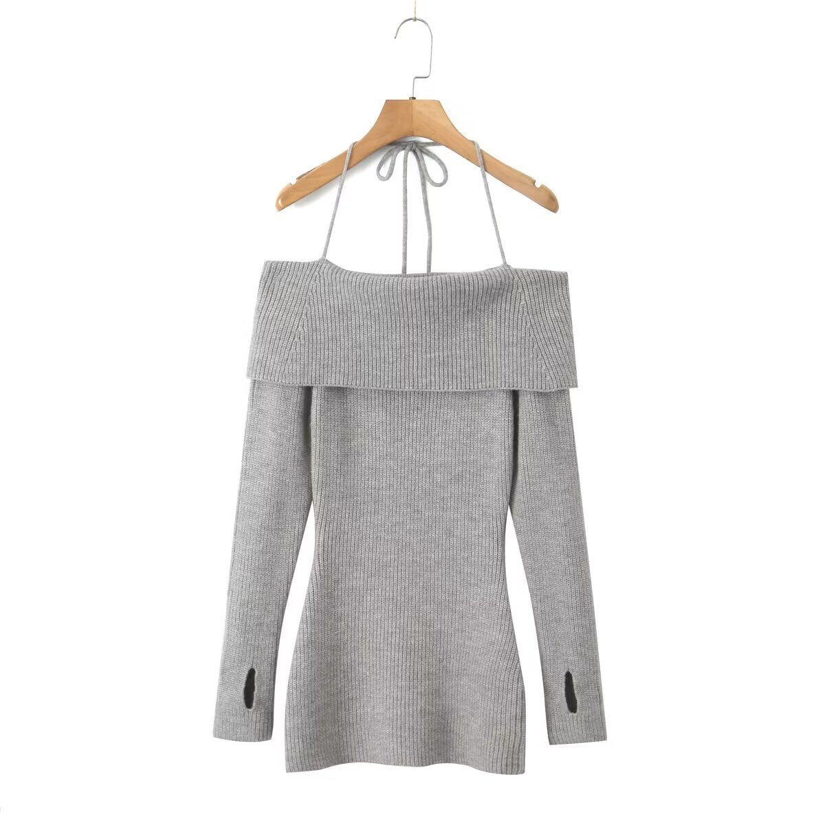 Women's Knit Halter Long Sleeve Sweater Mini Dress