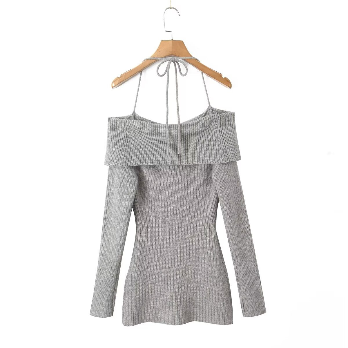 Women's Knit Halter Long Sleeve Sweater Mini Dress