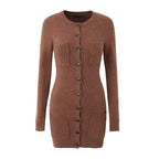 Women's Knitted Long Sleeve Button Slim Fit Dress Sexy Slimming Hip Autumn Winter Black Knitted Women Clothing Dress