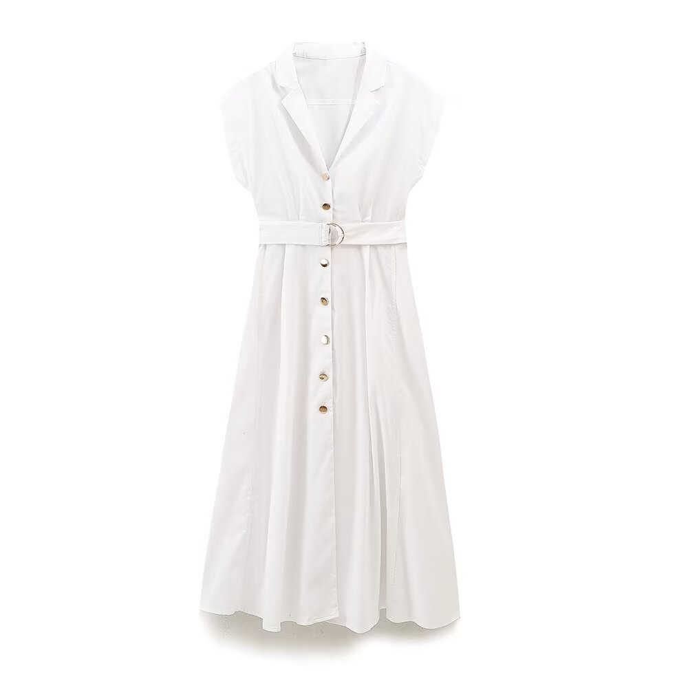Collared Button-Front Belted Short-Sleeve Shirt Maxi Dress