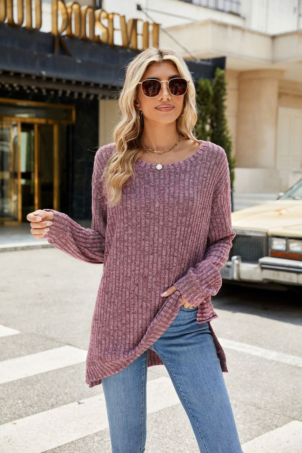 Striped Textured Crew Neck Long Sleeve Top