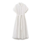 Embroidered Collared Belted Short-Sleeve Shirt Maxi Dress