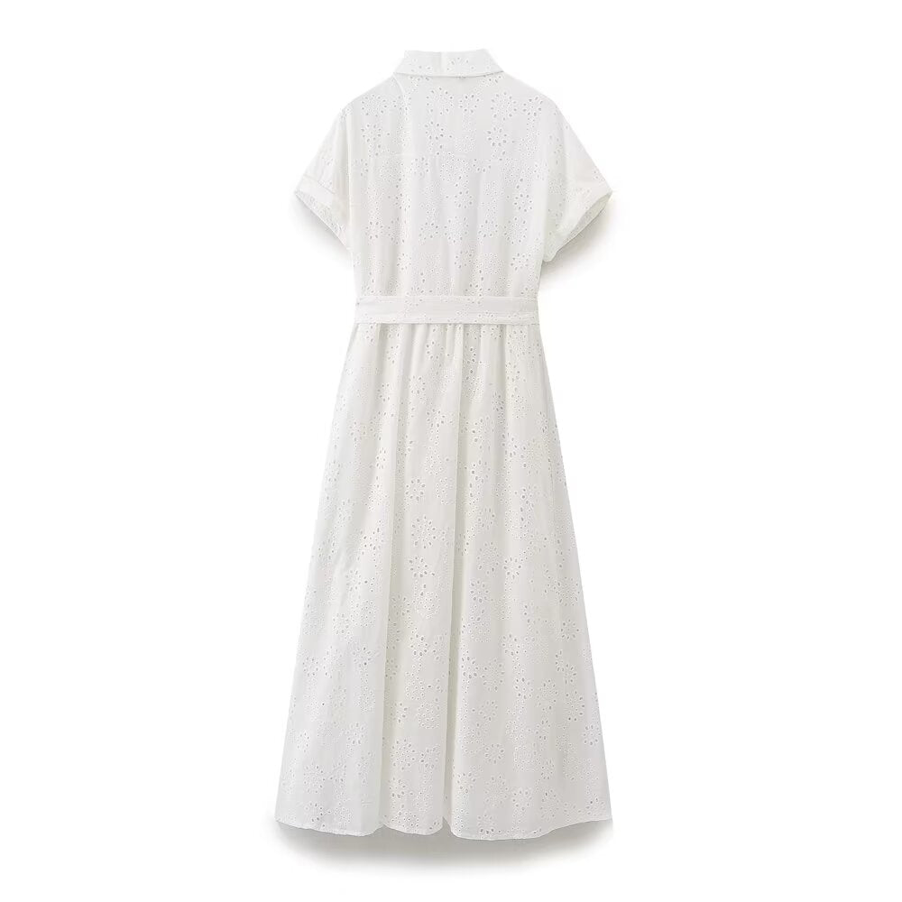 Embroidered Collared Belted Short-Sleeve Shirt Maxi Dress