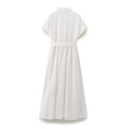 Embroidered Collared Belted Short-Sleeve Shirt Maxi Dress