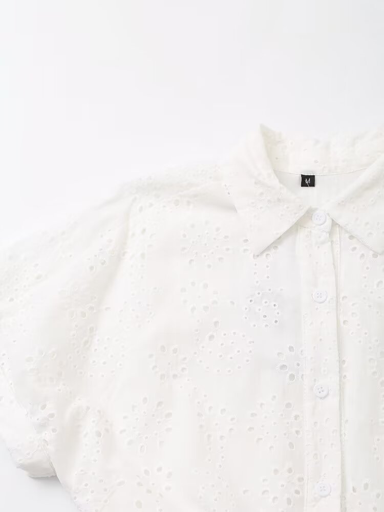 Embroidered Collared Belted Short-Sleeve Shirt Maxi Dress