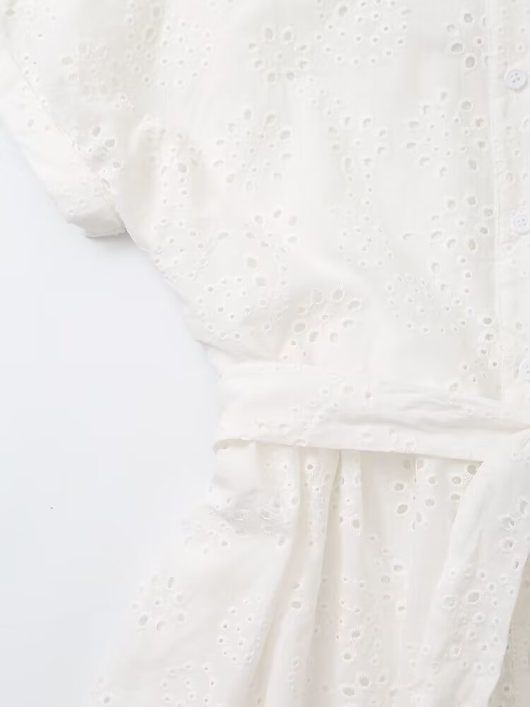 Embroidered Collared Belted Short-Sleeve Shirt Maxi Dress