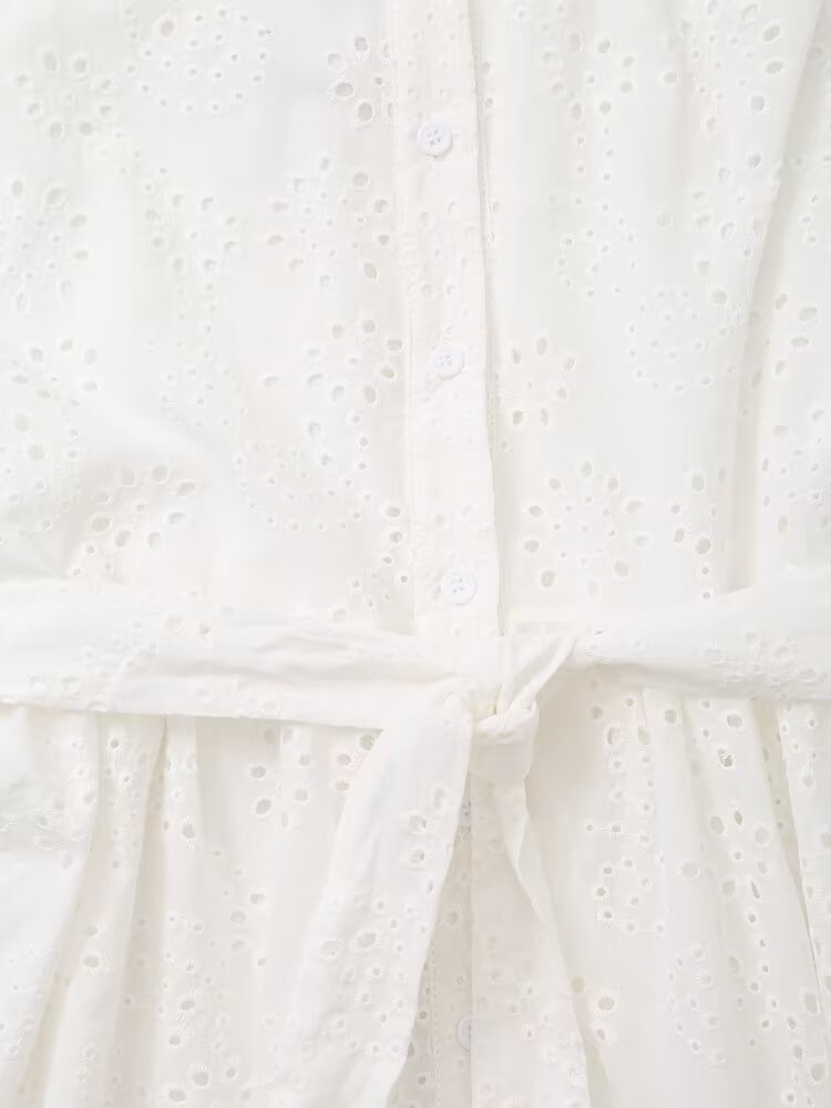 Embroidered Collared Belted Short-Sleeve Shirt Maxi Dress