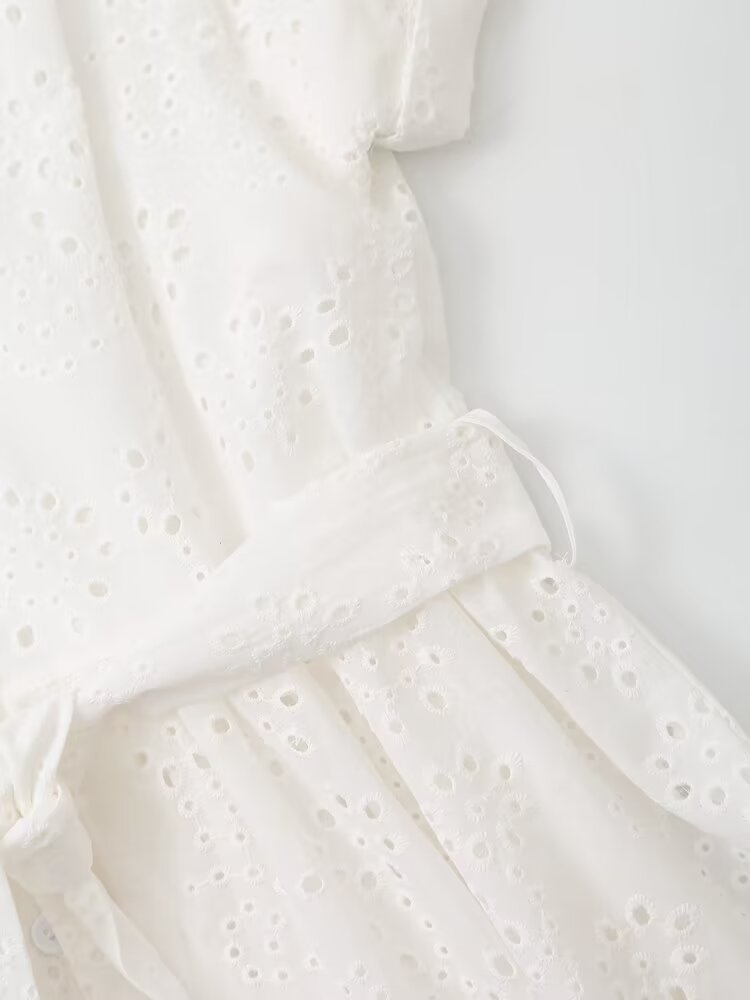 Embroidered Collared Belted Short-Sleeve Shirt Maxi Dress
