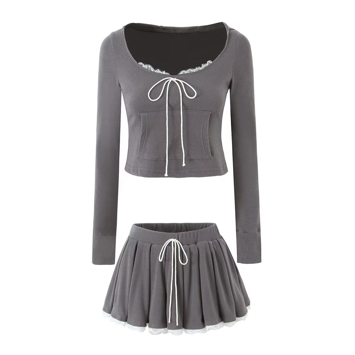 Women's Lace Pleated High-Waisted Two-Piece Skirt Set
