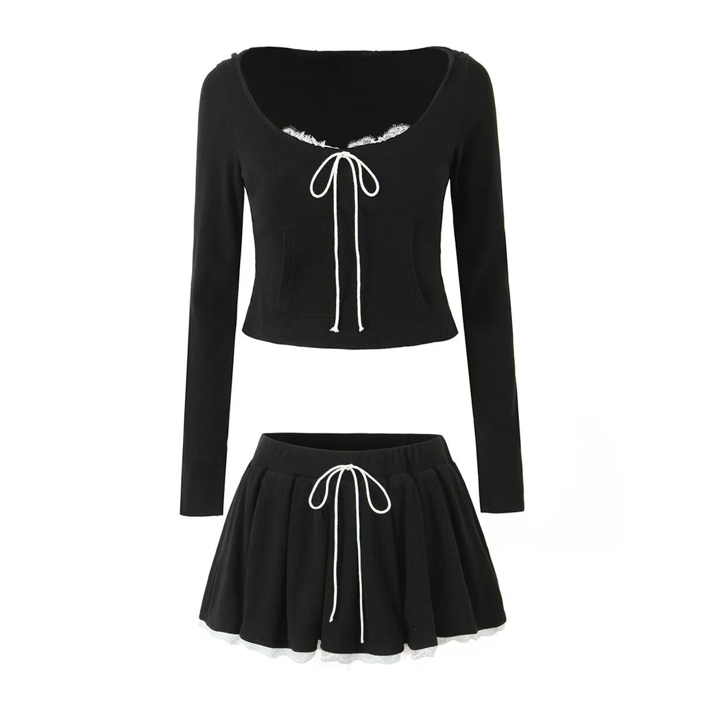 Women's Lace Pleated High-Waisted Two-Piece Skirt Set