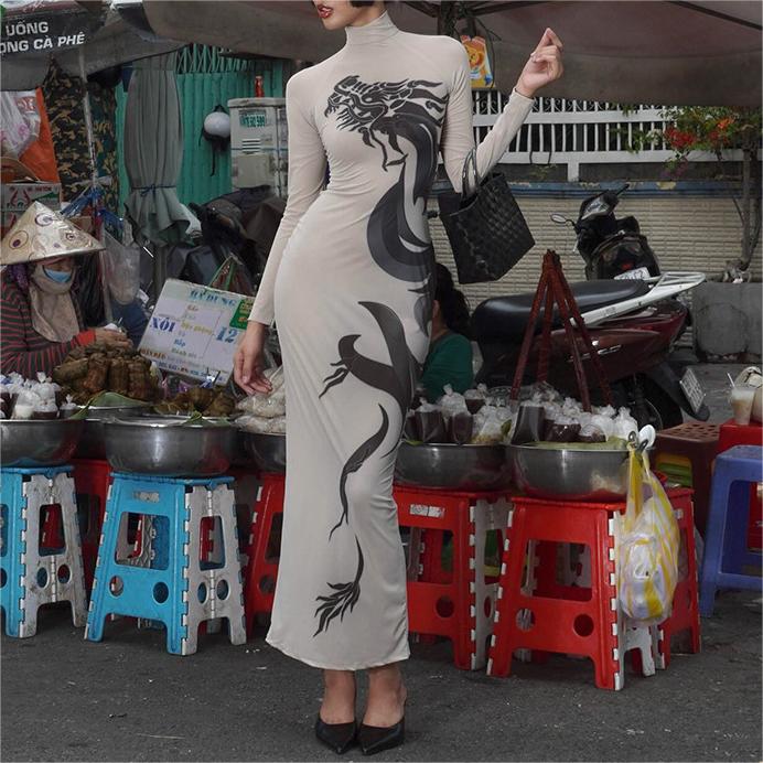 Dragon-Print Long-Sleeve Bodycon Dress