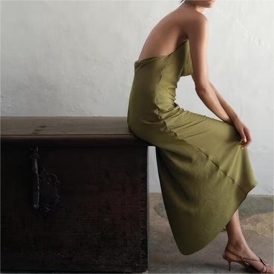 Silk Satin Texture Midi Satin Casual Solid-Color Sleeveless Drape