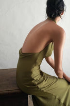 Silk Satin Texture Midi Satin Casual Solid-Color Sleeveless Drape