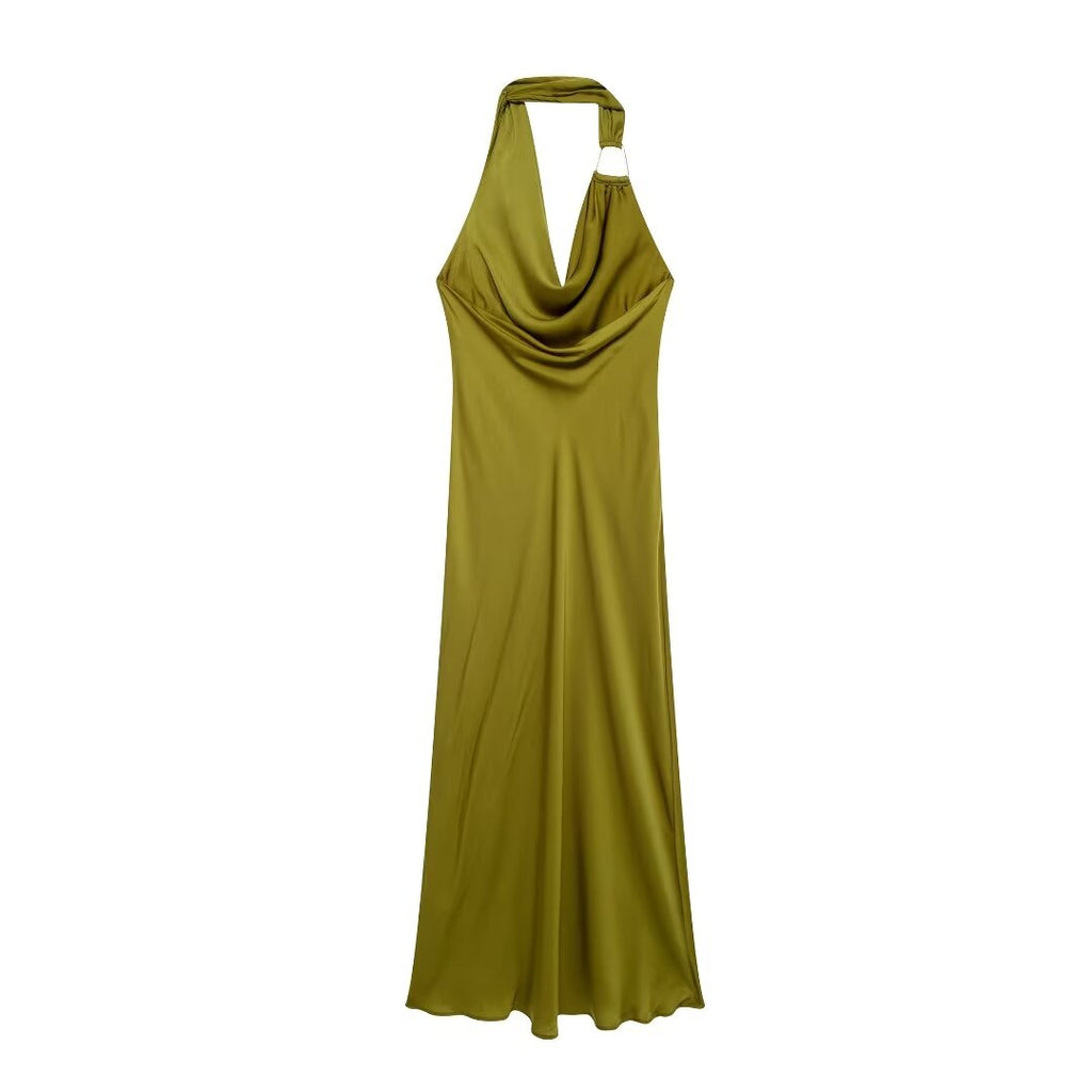 Silk Satin Texture Midi Satin Casual Solid-Color Sleeveless Drape
