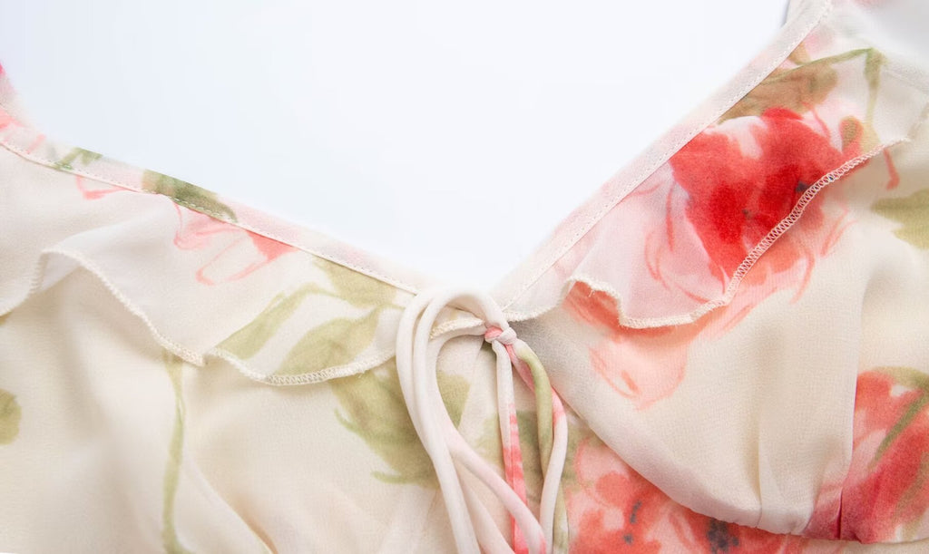 Women's French Floral Ruffle V-Neck Fishtail Dress